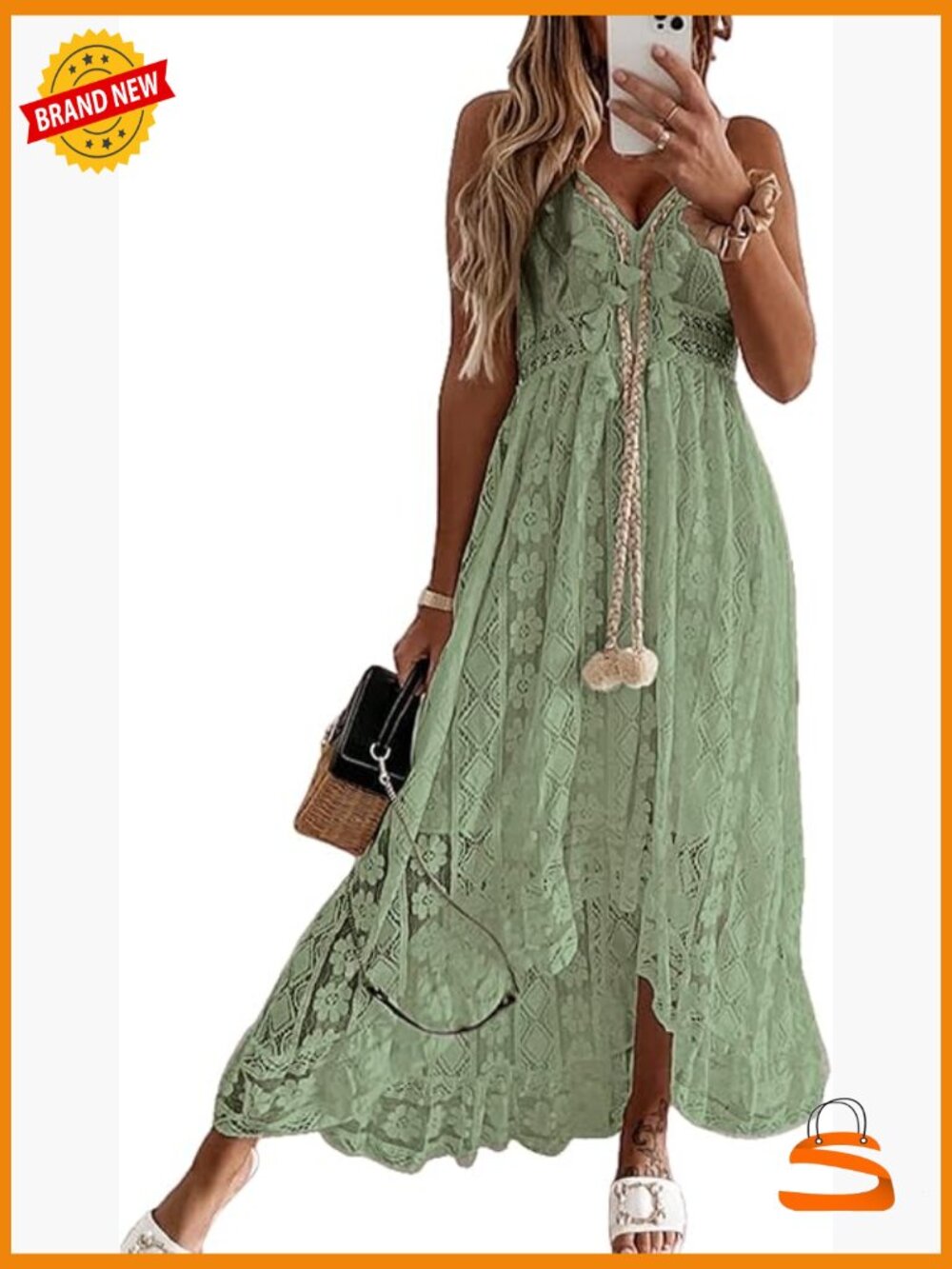 Maxi Summer Dress Lace V Neck Sleeveless Sundress Boho Tassel Flowy Beach